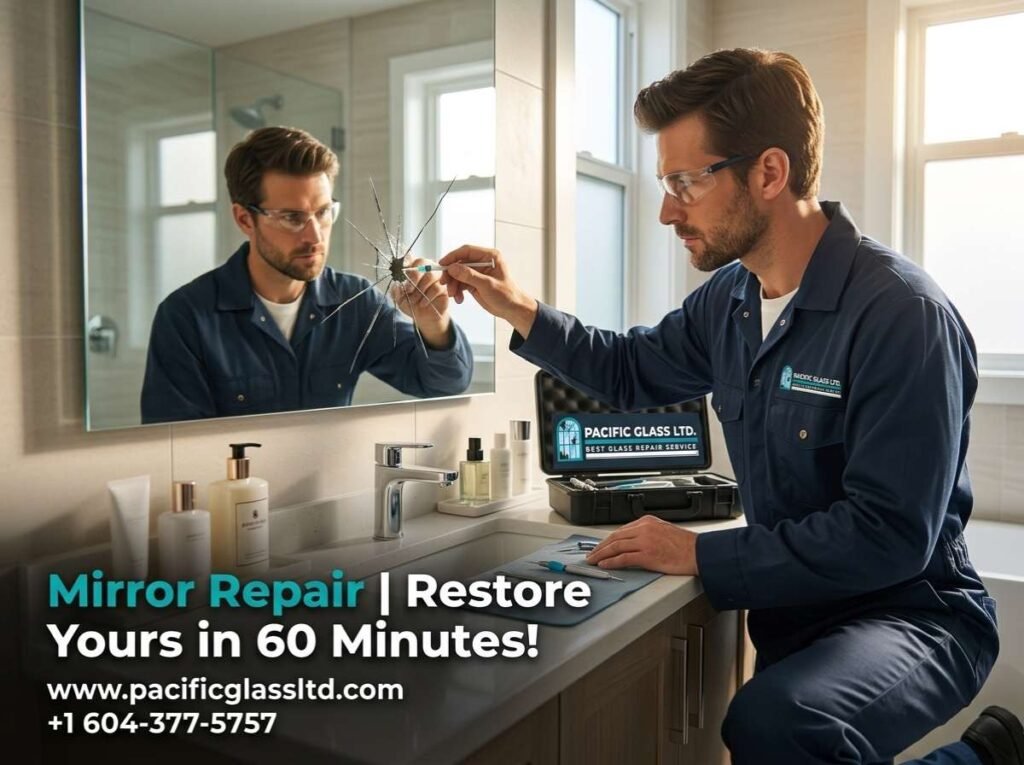 Technician repairing cracked bathroom mirror safely and professionally in Burnaby home.”