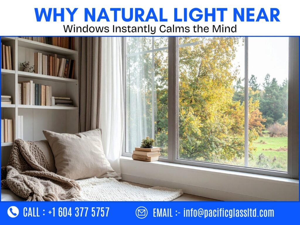 Calm home interior with natural light entering through large windows, showing how glass and daylight create a relaxing environment