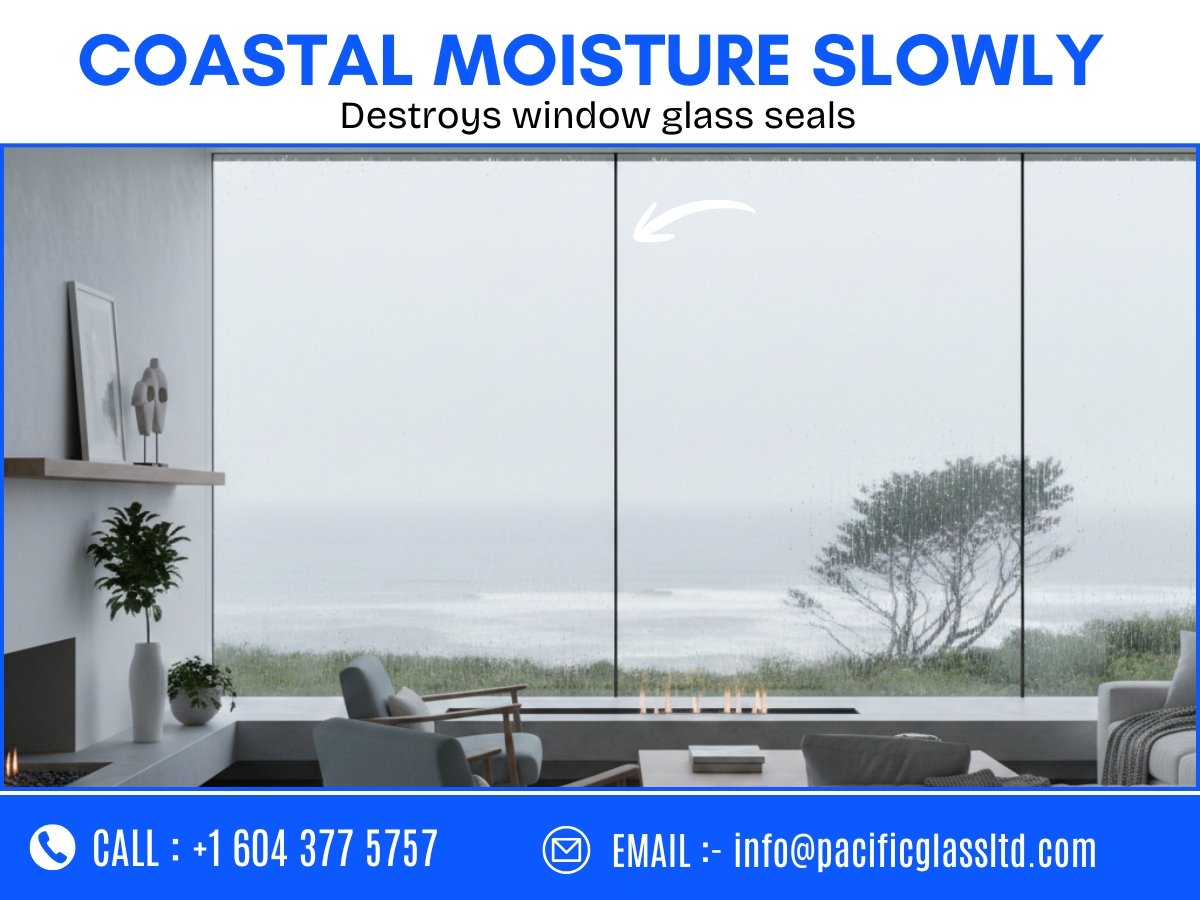 Foggy double-pane windows damaged by coastal moisture