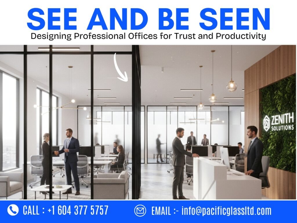 Modern Burnaby office showing clear and frosted glass partitions, balancing transparency, privacy, and professional client interactions