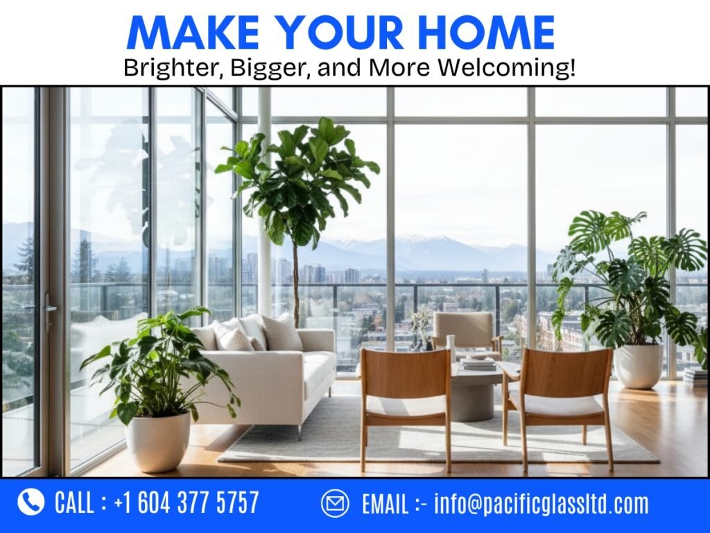 Modern home interior with large glass windows and walls creating a bright, spacious, and welcoming living area