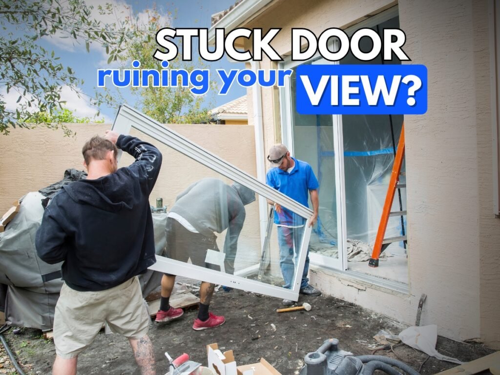 Professional performing sliding glass door maintenance on a sticky patio door in a Burnaby home near Deer Lake