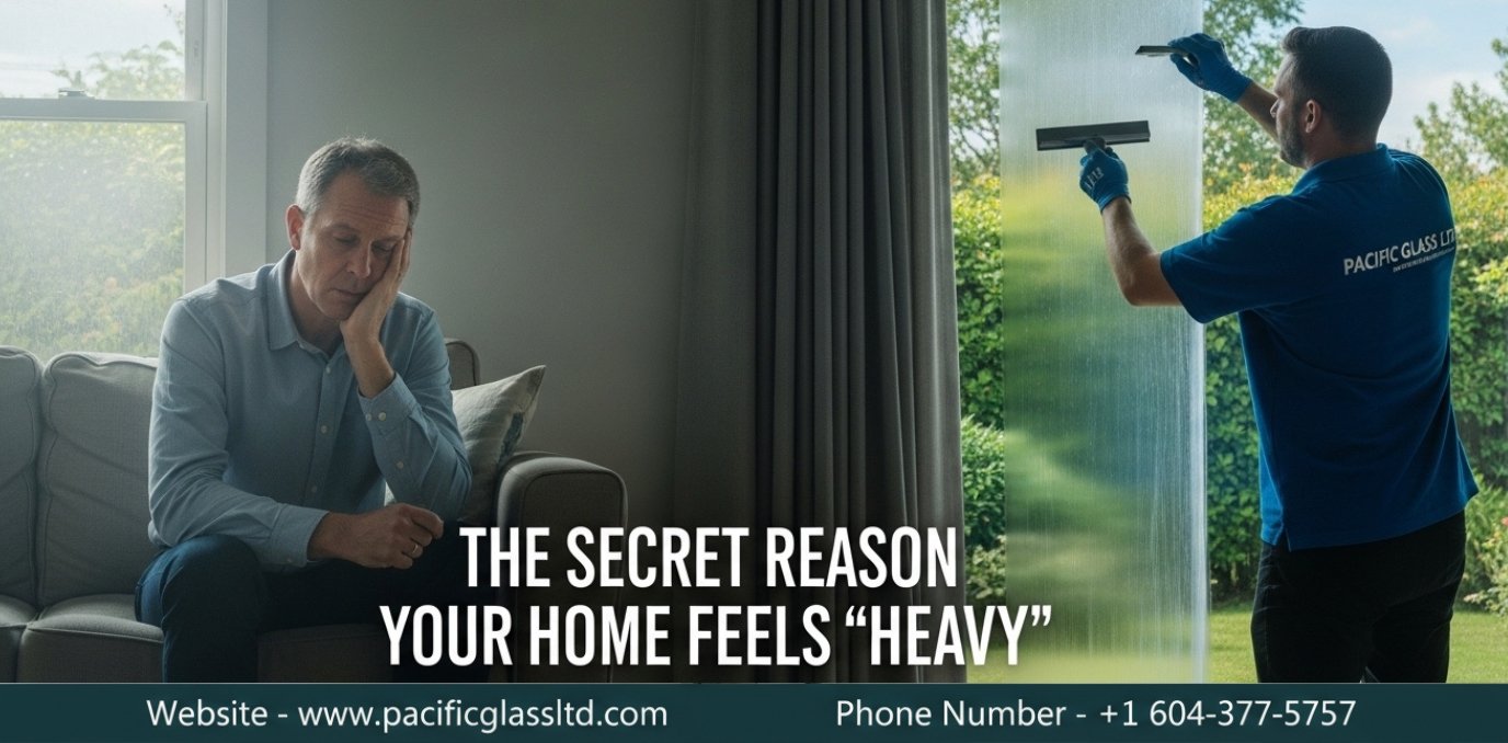 A homeowner in a dim room while a Pacific Glass LTD professional restores optical clarity to an aged, cloudy window.