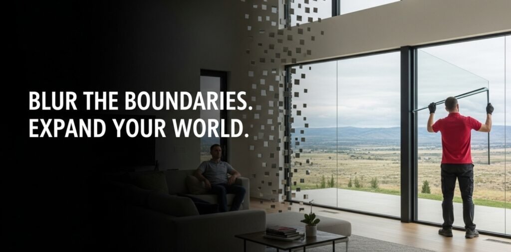 A panoramic window installation by Pacific Glass LTD that seamlessly connects the interior living space to the outside horizon.