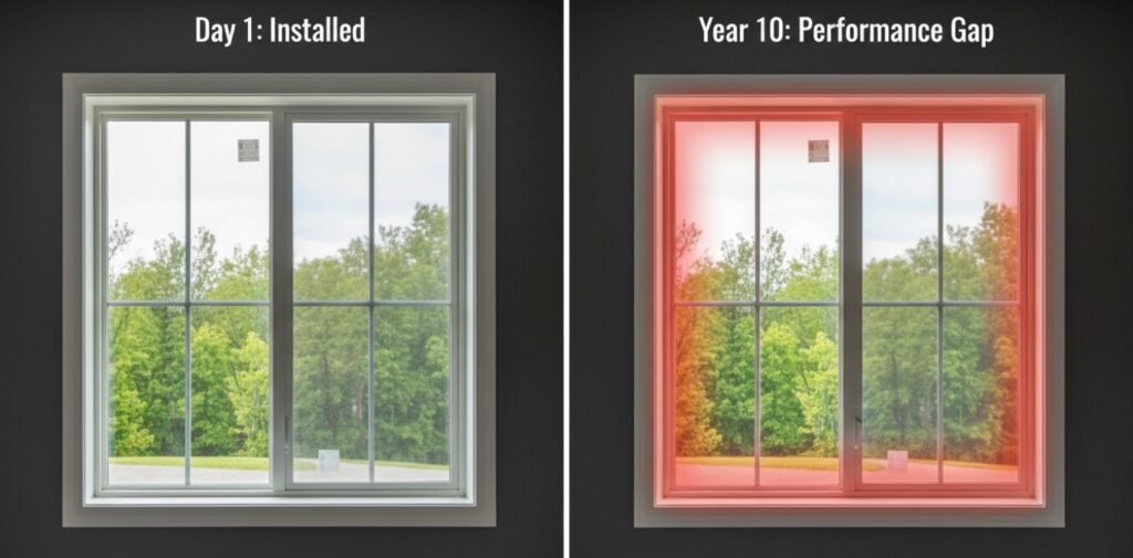 A side-by-side visual of a new window versus an older window showing invisible thermal performance loss.