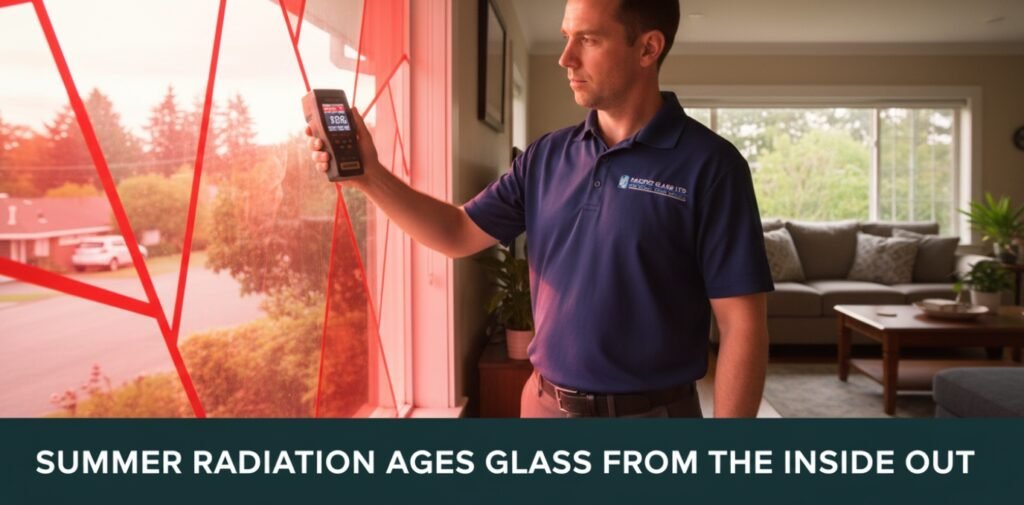 A technician measuring UV penetration through a window, highlighting how summer heat causes material fatigue.