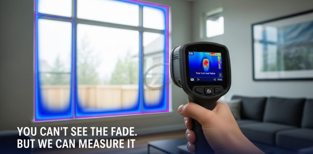 A thermal imaging camera revealing hidden heat loss around a window frame, identifying the quiet fade of invisible seals.