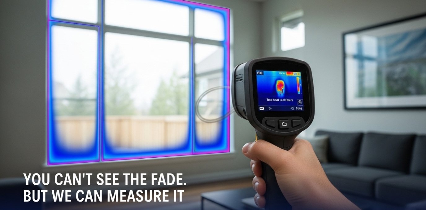 A thermal imaging camera revealing hidden heat loss around a window frame, identifying the quiet fade of invisible seals.