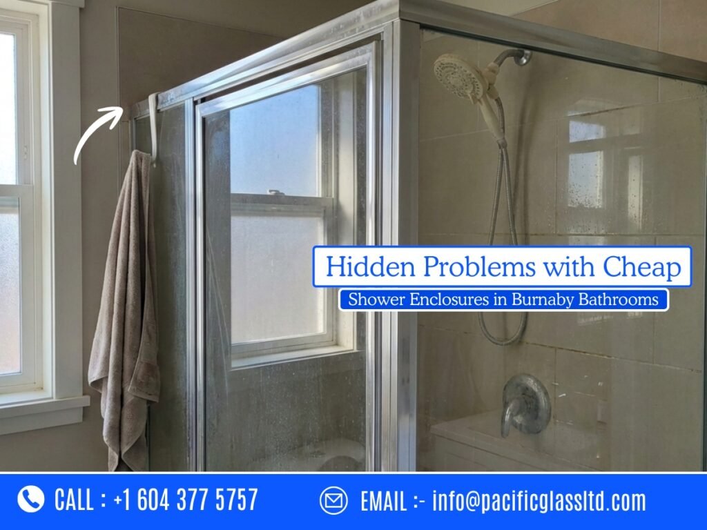 Cheap shower enclosure with worn seals in a Burnaby bathroom