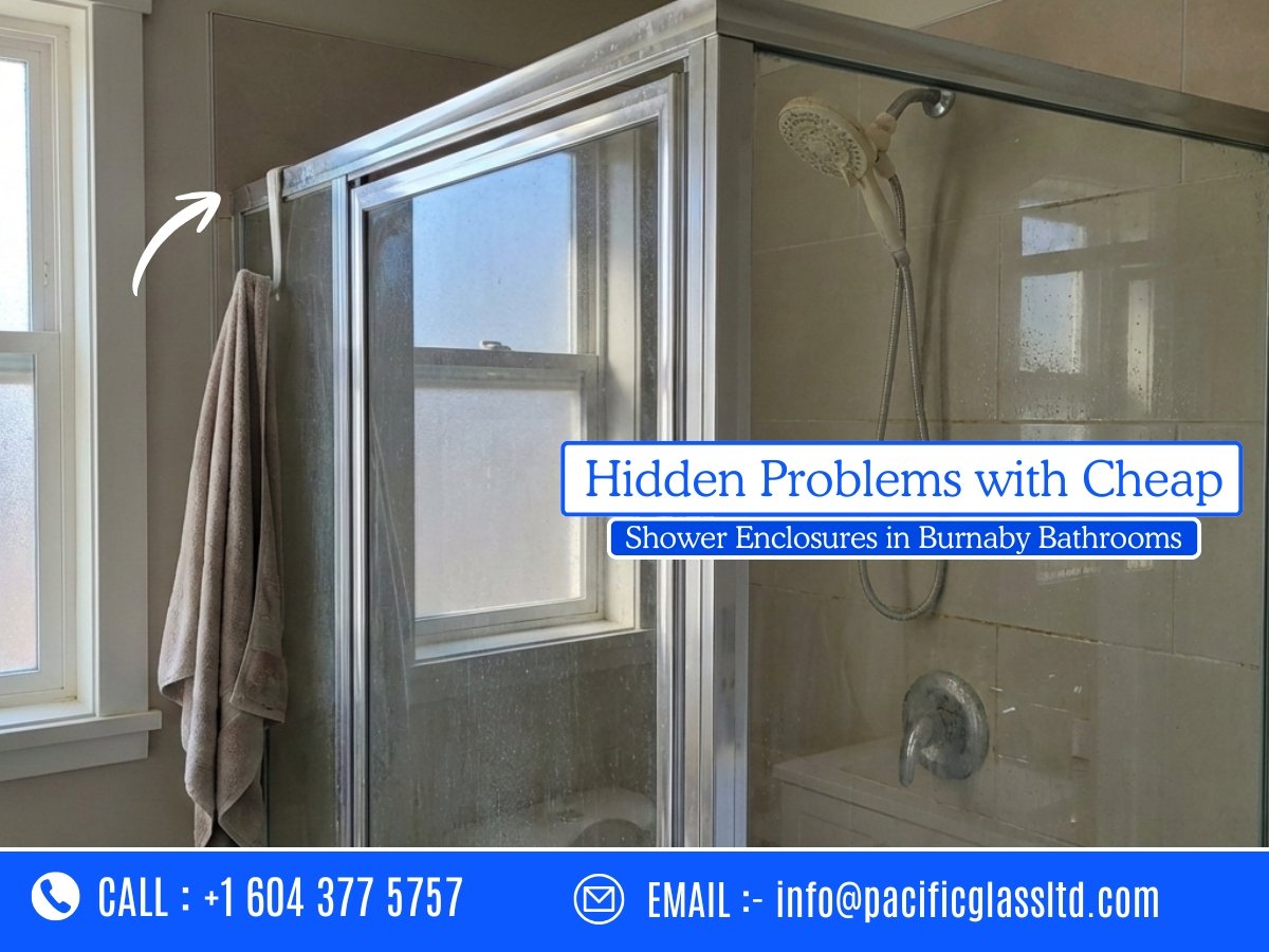 Cheap shower enclosure with worn seals in a Burnaby bathroom
