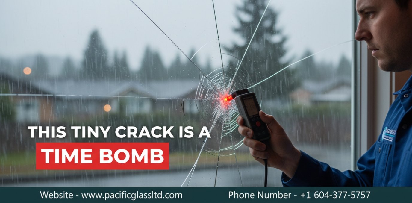 Expert male glass technician in a blue uniform measuring a dangerous hairline crack expanding on a residential window