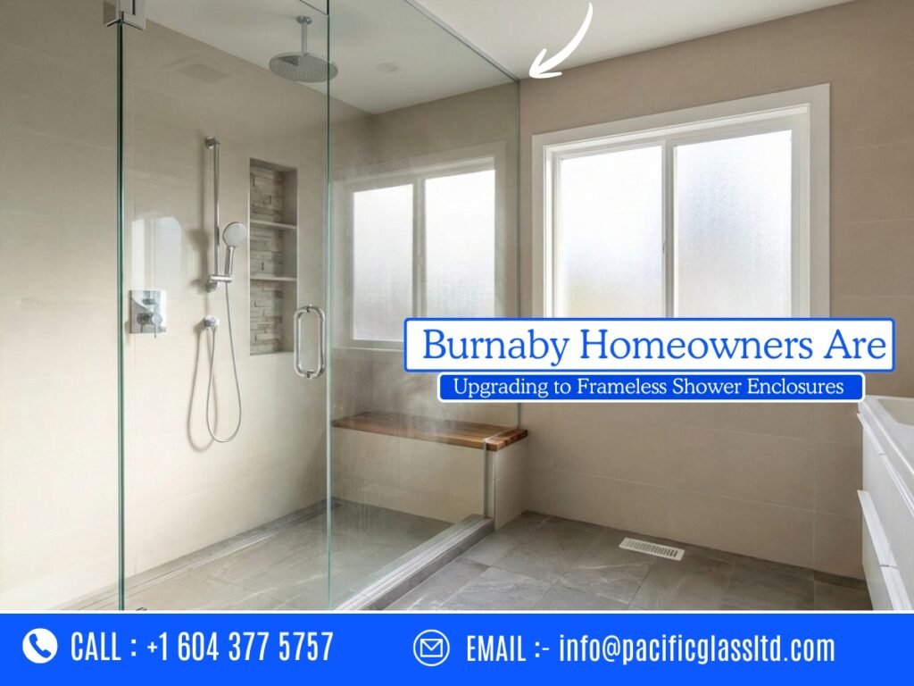 Frameless glass shower enclosure installed in a Burnaby home