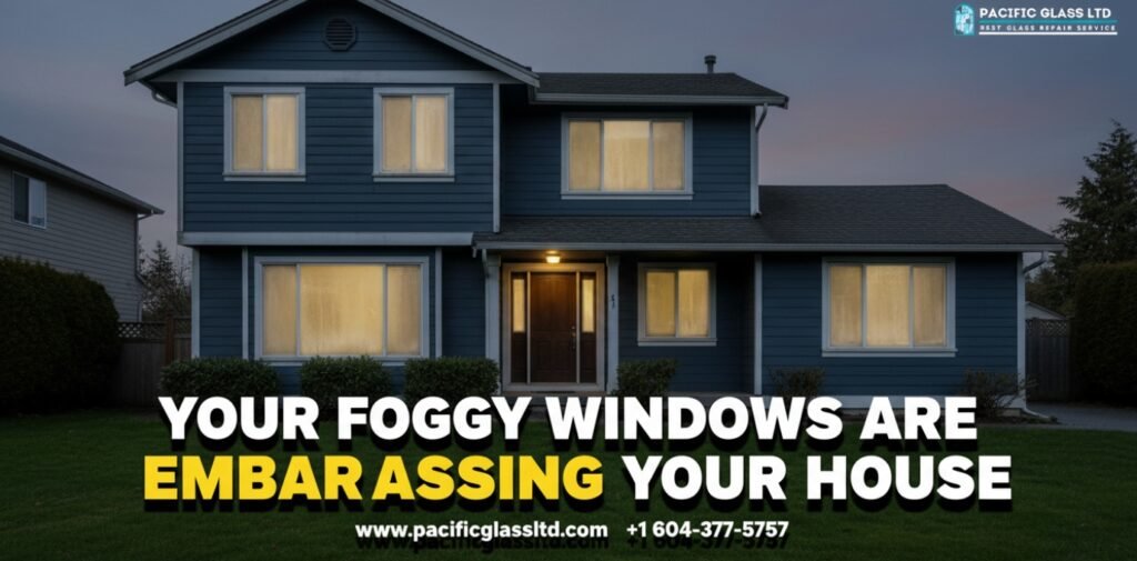 Honest male glass technician from Pacific Glass Ltd in a blue uniform handing a warranty document to a happy Burnaby homeowner.