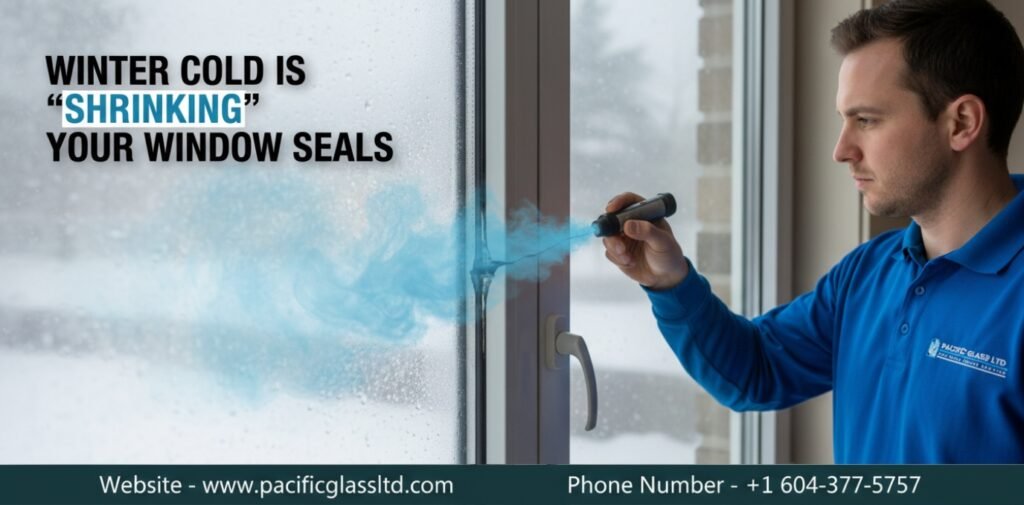 Macro shot of a male technician in a blue uniform inspecting a shrunken, leaking window seal caused by winter contraction.