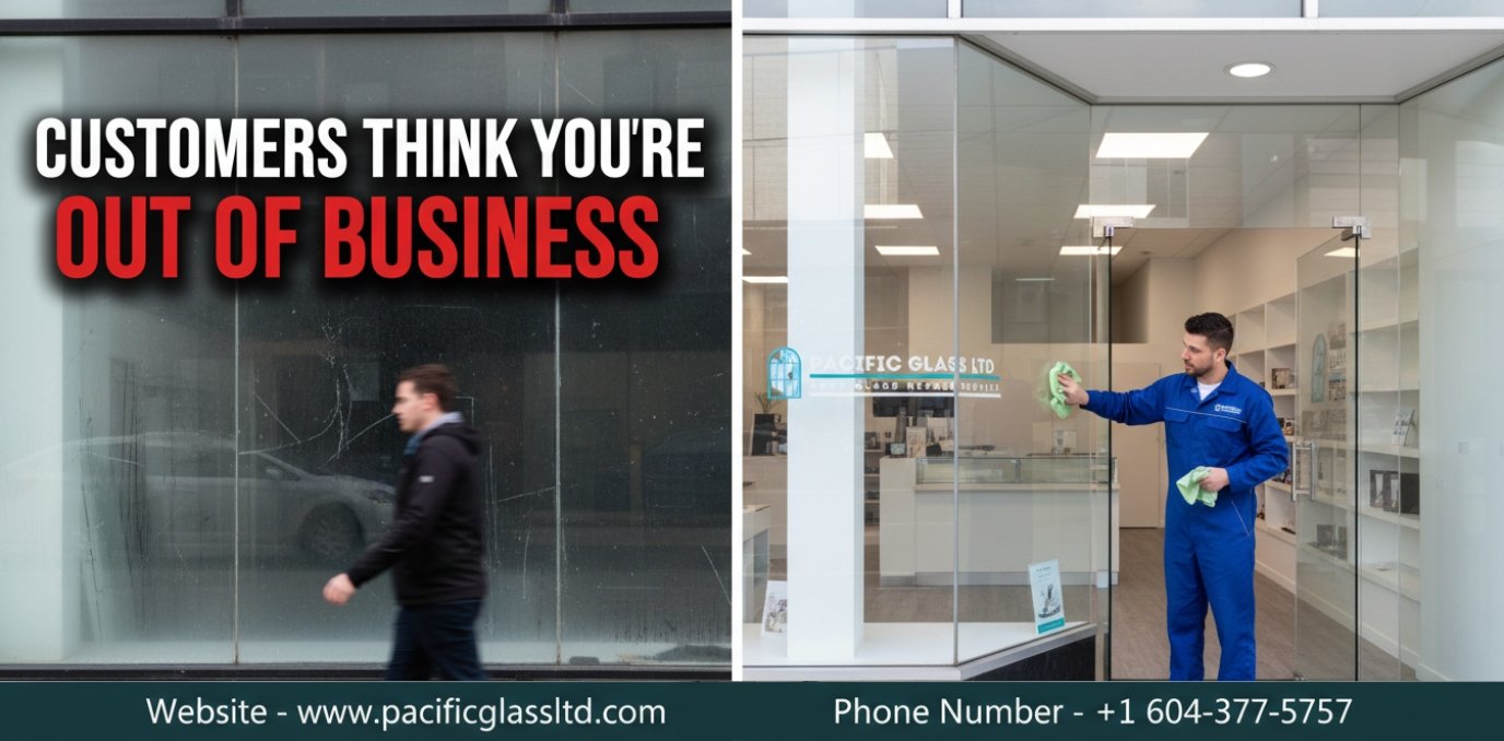 Male Pacific Glass Ltd technician in a blue uniform restoring a foggy commercial storefront window to crystal clear in Burnaby.
