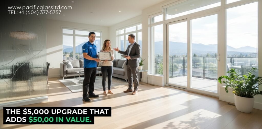 Male technician in a blue uniform completing a high-value custom glass installation in a Burnaby luxury home.