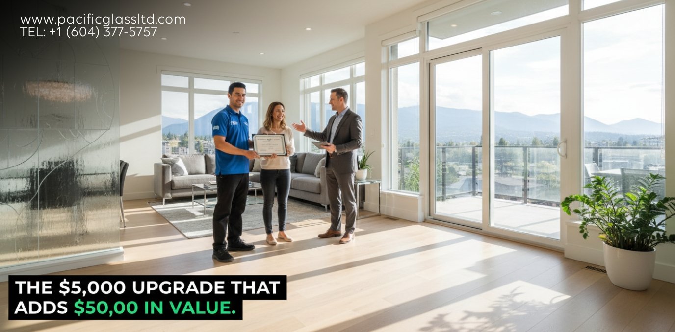 Male technician in a blue uniform completing a high-value custom glass installation in a Burnaby luxury home.