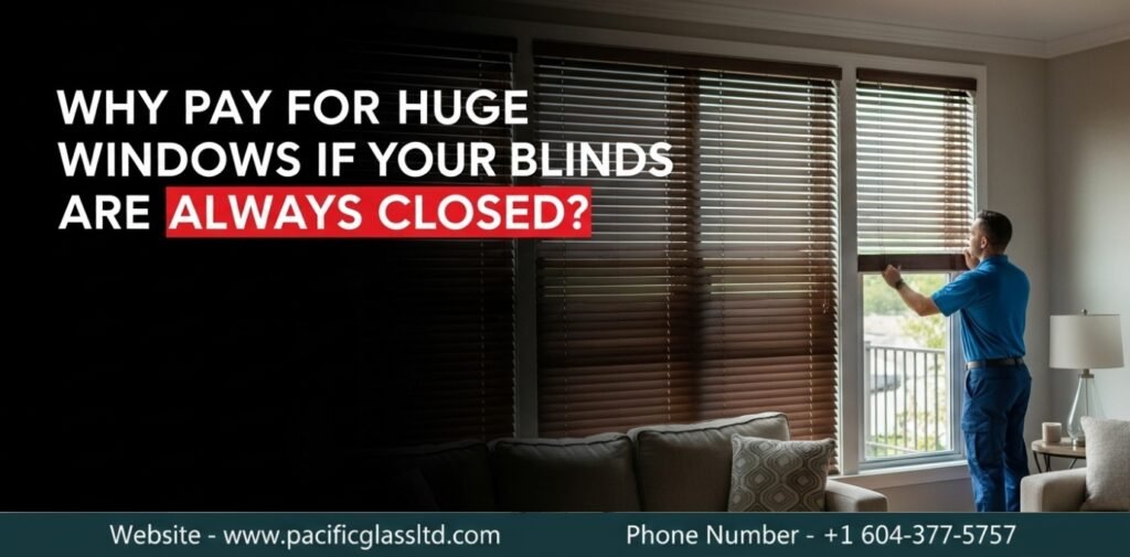 Male technician in a blue uniform replacing heavy blinds with custom privacy tint window glass in a Vancouver home.