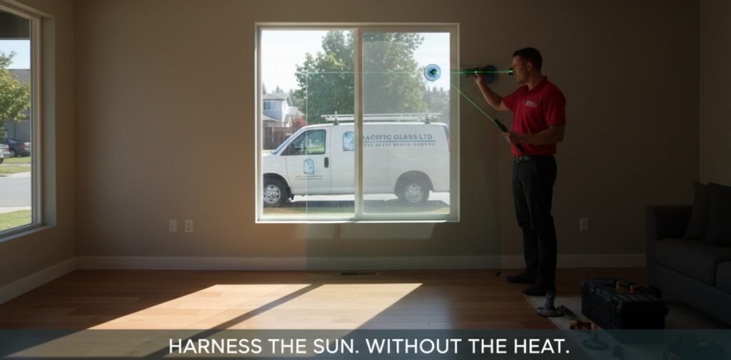 Sharp, vibrant direct sunlight entering a room through high-performance Low-E glass installed by Pacific Glass LTD.