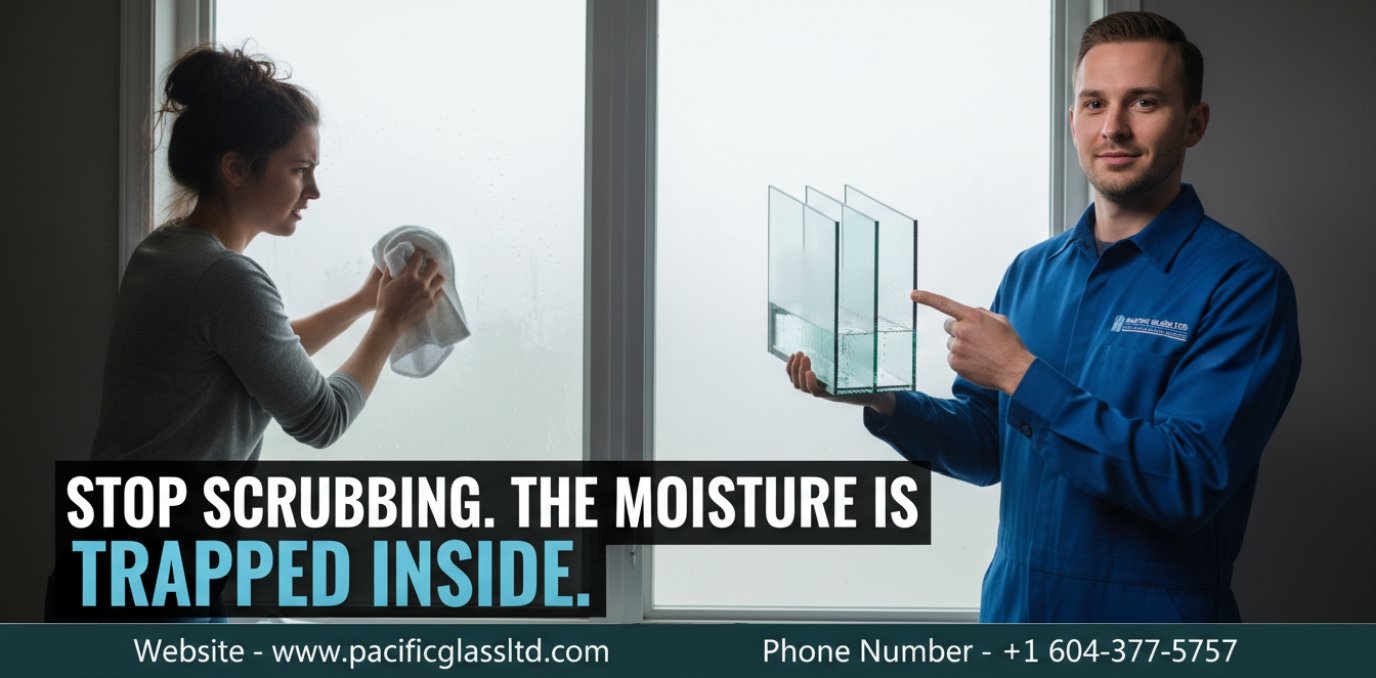 Male Pacific Glass Ltd technician in a blue uniform explaining trapped moisture between double-pane glass to a frustrated North Vancouver homeowner.