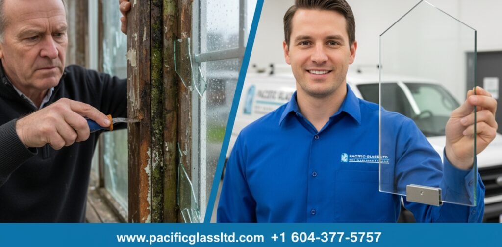 Male Pacific Glass Ltd technician in a blue uniform comparing a dirty, hard-to-clean window track to a seamless frameless window installation in Burnaby.