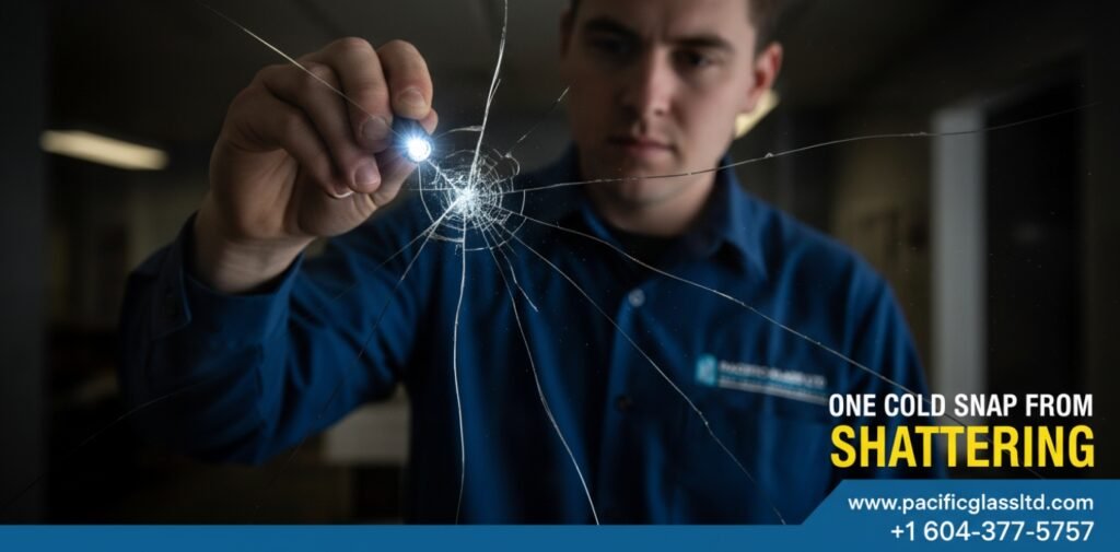 Male Pacific Glass Ltd technician in a blue uniform comparing an outdated, thick window frame to a clear, unobstructed frameless glass window in Burnaby.