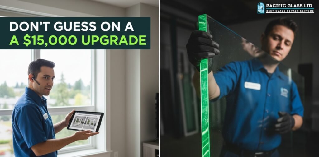 Male glass technician from Pacific Glass Ltd in a blue uniform installing custom windows in a Burnaby home.
