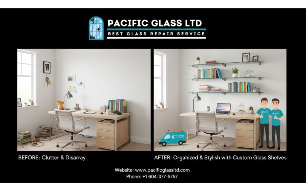 Before and after comparison of a home office, showing cluttered surfaces before and organized floating custom glass shelves after installation by Pacific Glass Ltd.