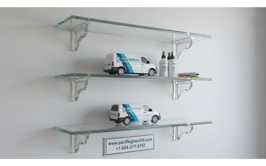 Pacific Glass Ltd professionals installing custom glass shelves in a retail store, highlighting precision and careful installation for a clean, organized display.