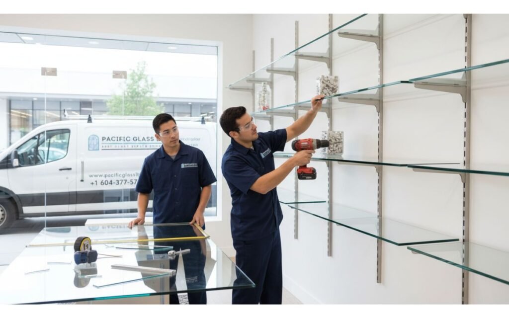Modern living room with custom glass shelves displaying decorative items, showcasing minimalist design and sleek aesthetics by Pacific Glass Ltd.