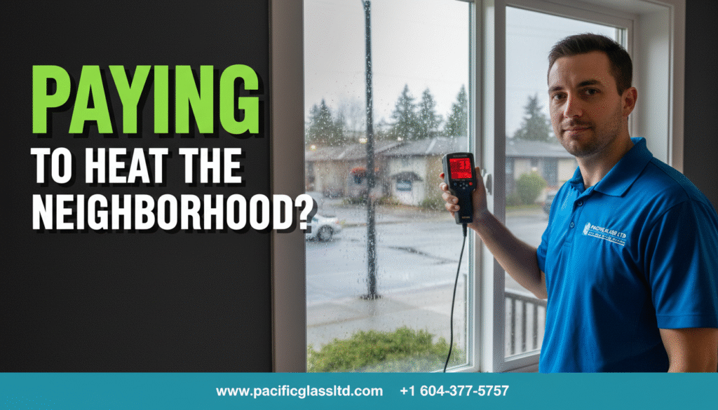 Male glass technician from Pacific Glass Ltd in a blue uniform repairing a damaged residential window in Burnaby