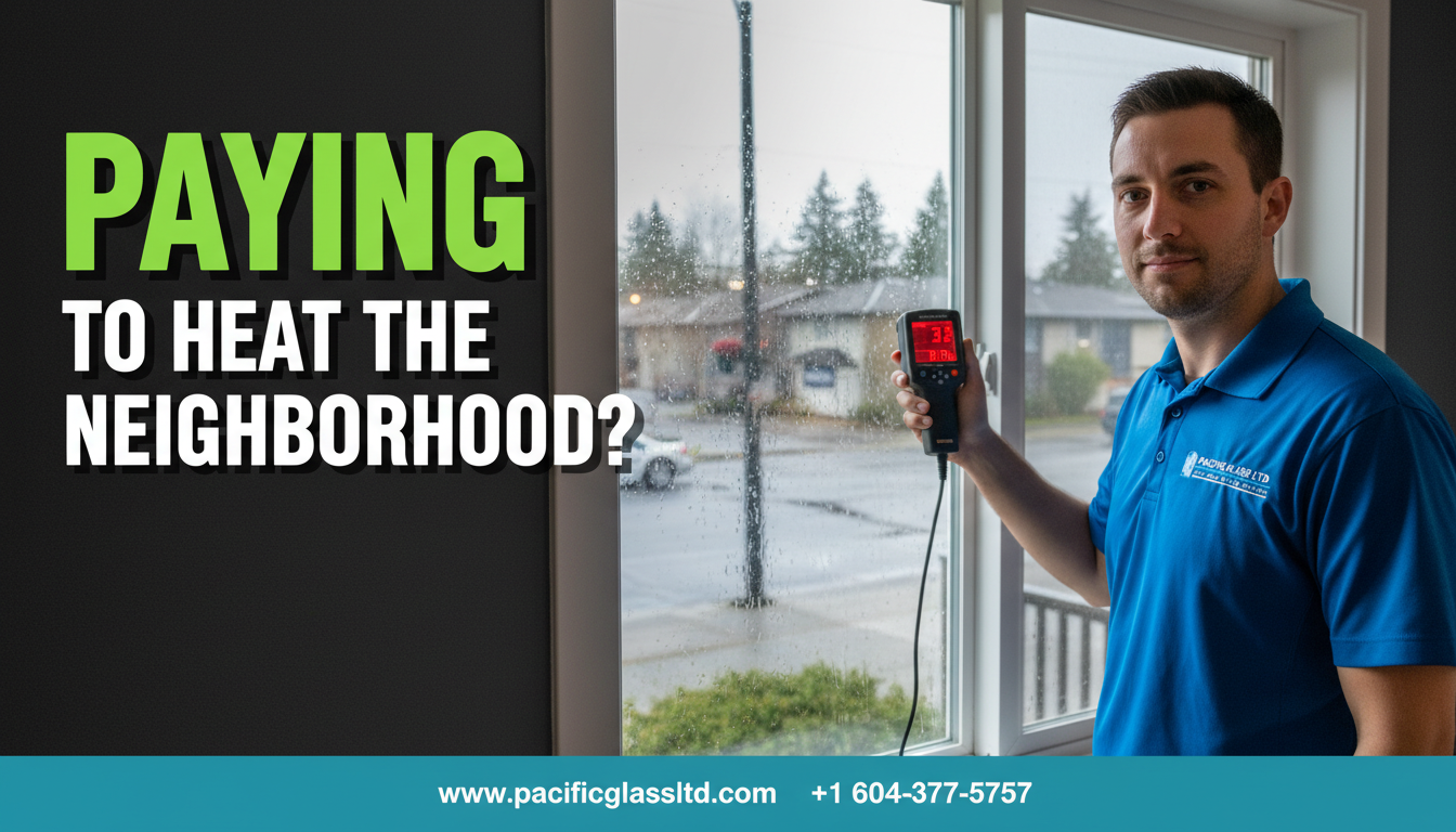 Male glass technician from Pacific Glass Ltd in a blue uniform repairing a damaged residential window in Burnaby