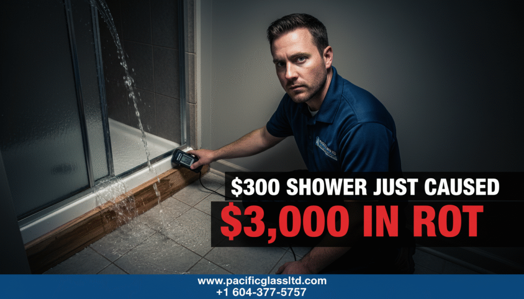 Male glass technician from Pacific Glass Ltd in a blue uniform inspecting a leaking, cheap shower enclosure in Burnaby.
