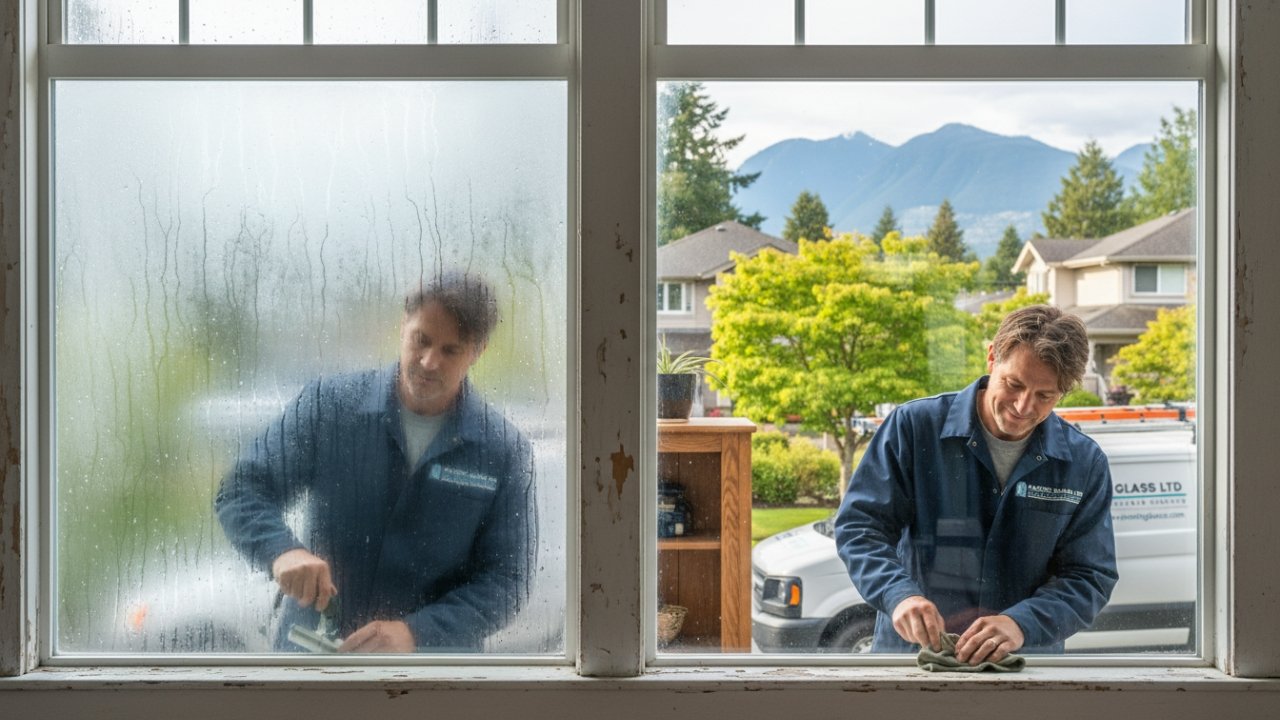 A realistic before-and-after comparison of a foggy window and a restored clear window inside