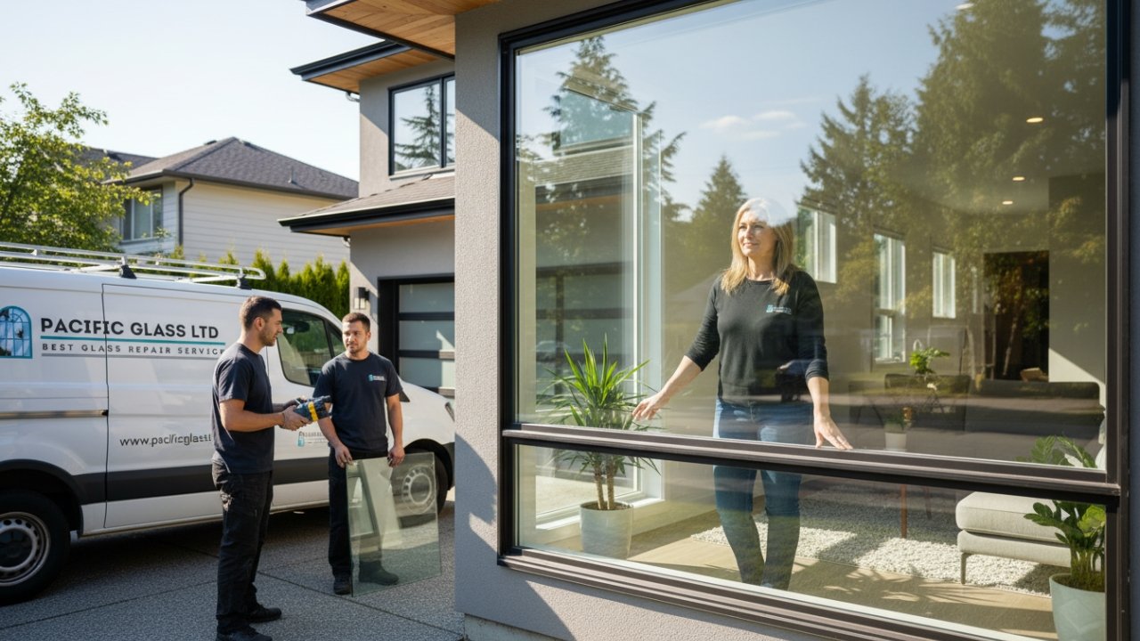 A relaxed homeowner enjoying a clear outdoor view through a newly repaired window