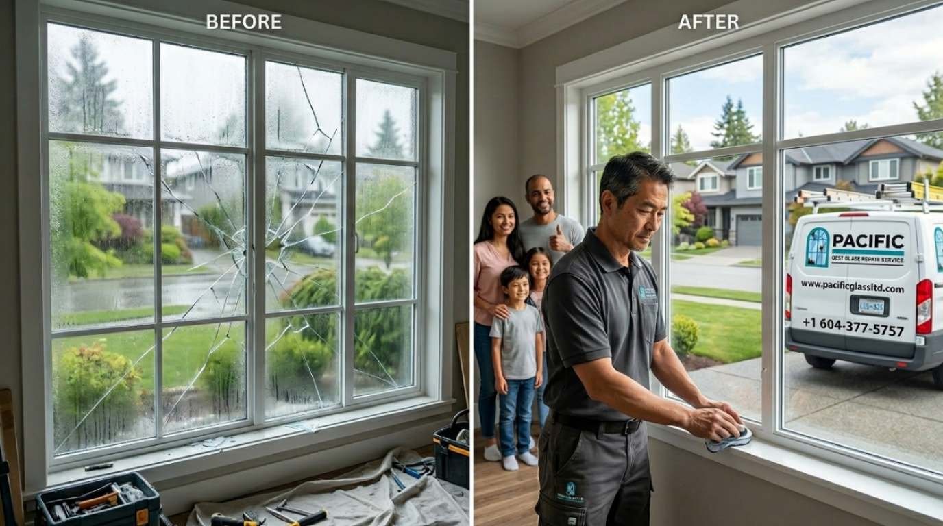 Before and after residential glass repair Burnaby – cracked foggy window fixed with new energy-efficient glass by Pacific Glass Ltd