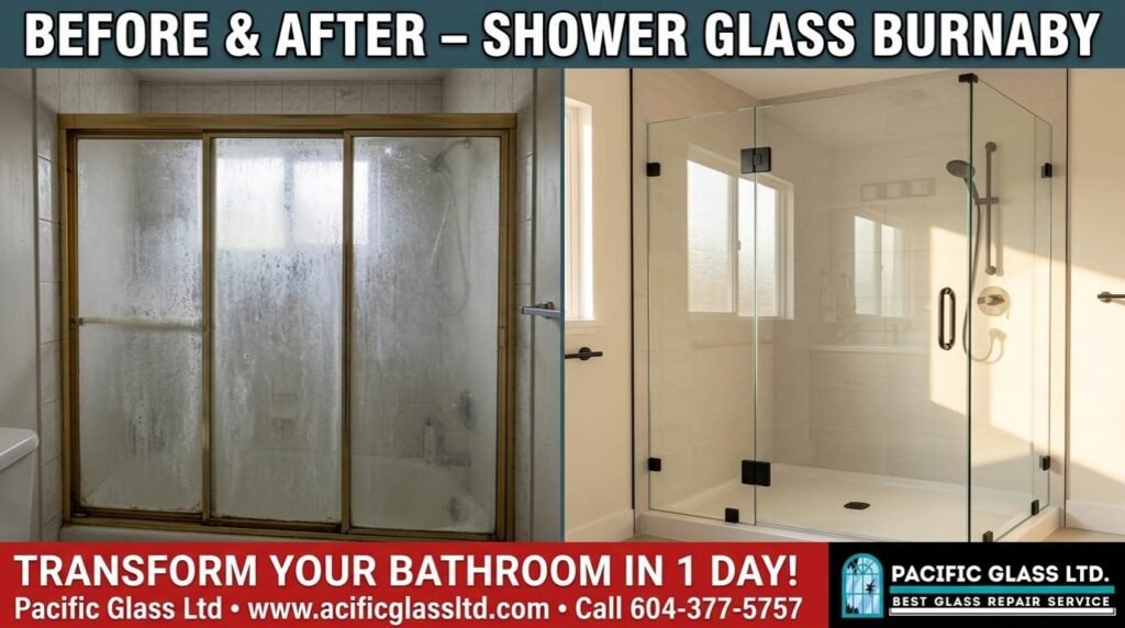 Before and after transformation of a shower in Burnaby_ old foggy aluminum frame replaced with a beautiful new custom frameless glass shower door by Pacific Glass Ltd