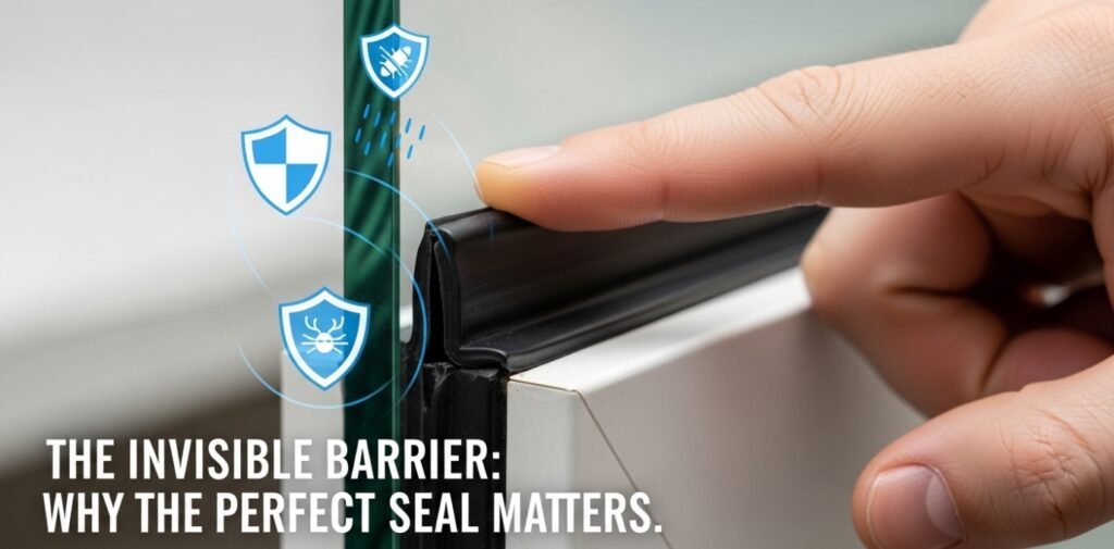 Close-up of a professional silicone seal on commercial glass, symbolizing weather protection.