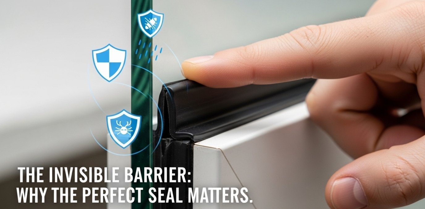 Close-up of a professional silicone seal on commercial glass, symbolizing weather protection.