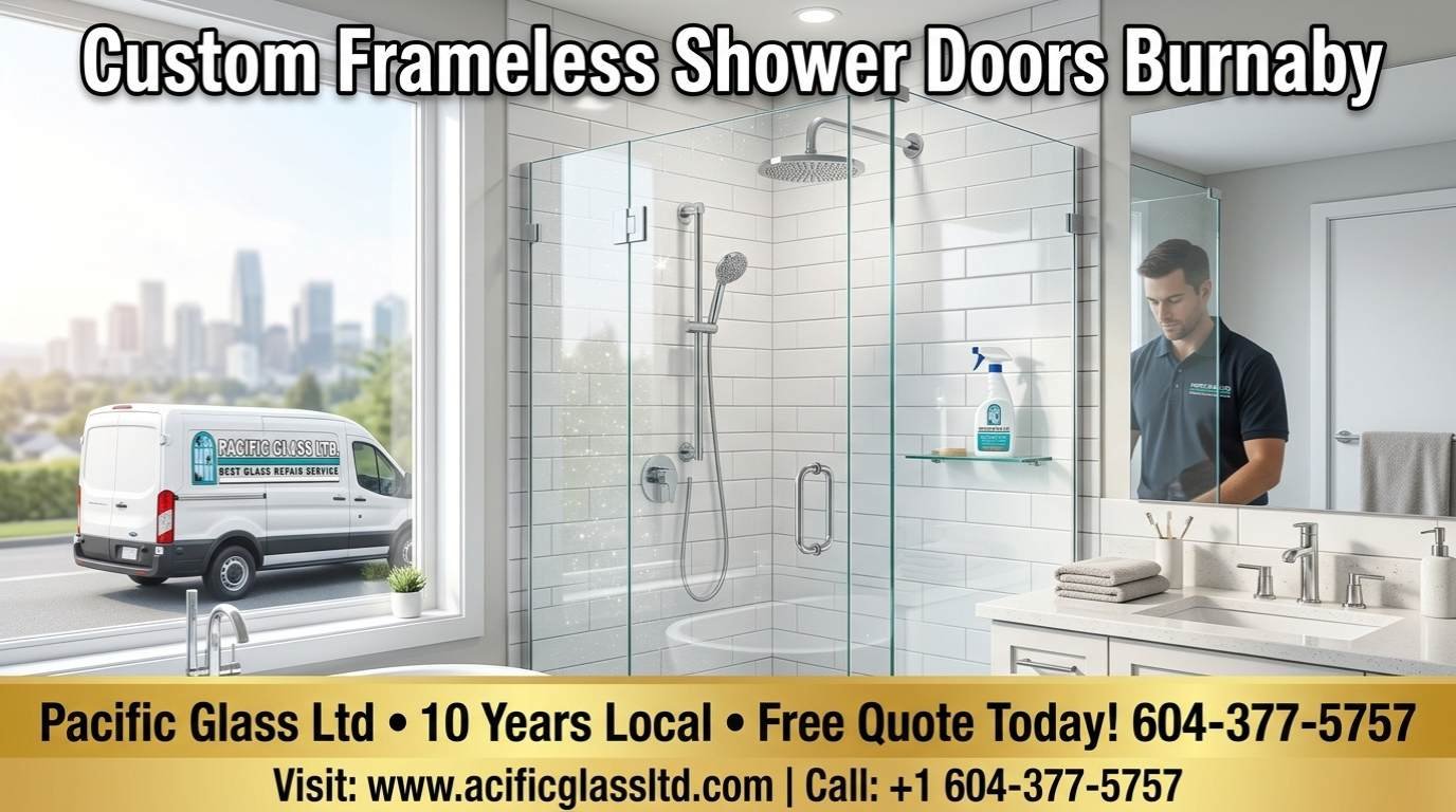 Custom frameless shower door installed in a bright modern Burnaby bathroom by Pacific Glass Ltd – Shower Glass Burnaby experts with 10 years local experience