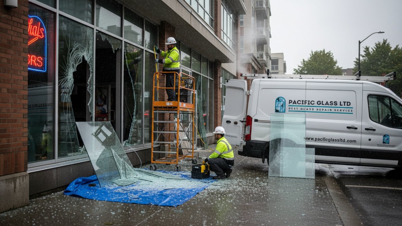 Emergency commercial glass repair technician fixing shattered window in Burnaby BC