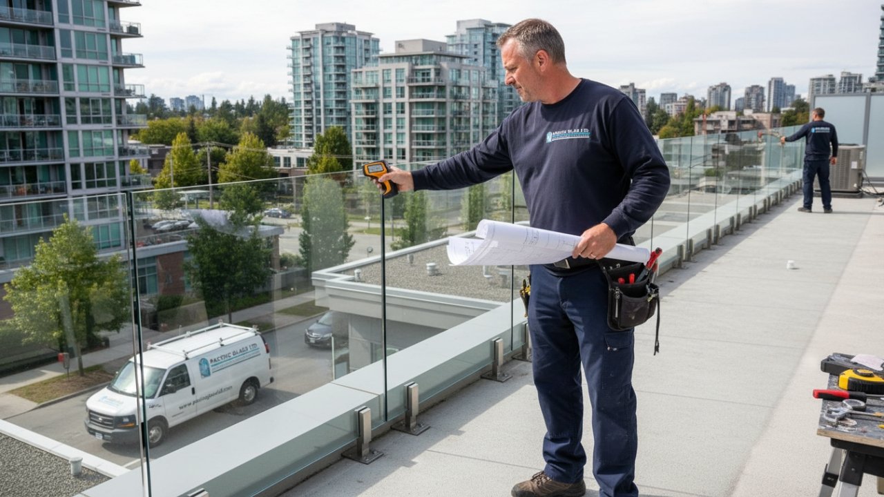 Glass consultant measuring terrace for frameless railing in Burnaby