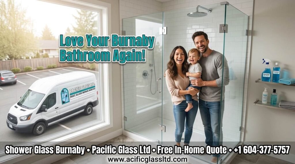 Happy Burnaby family smiling inside their new elegant frameless glass shower – Shower Glass Burnaby by Pacific Glass Ltd, local experts since 10 years