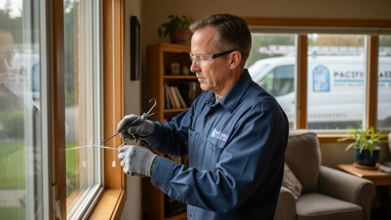 Photorealistic scene of a window repair expert working on a double-pane glass unit indoors