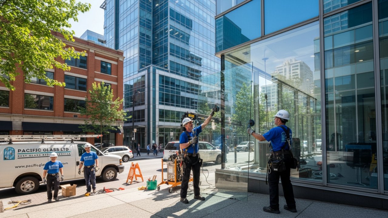 Professional glazier replacing commercial storefront glass in Surrey office building