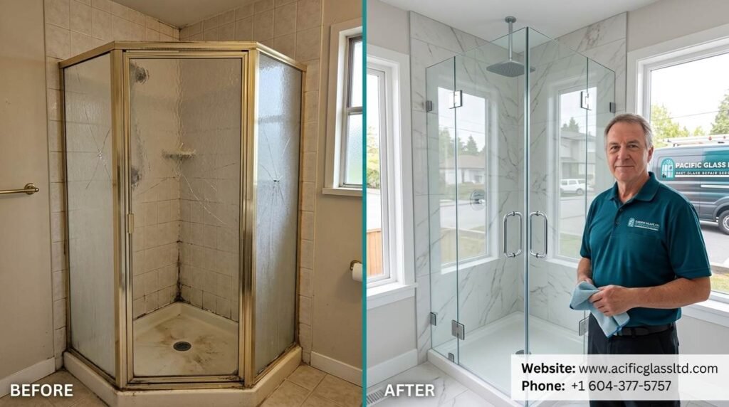 Shower glass repair and replacement New Westminster BC – before and after by Pacific Glass Ltd