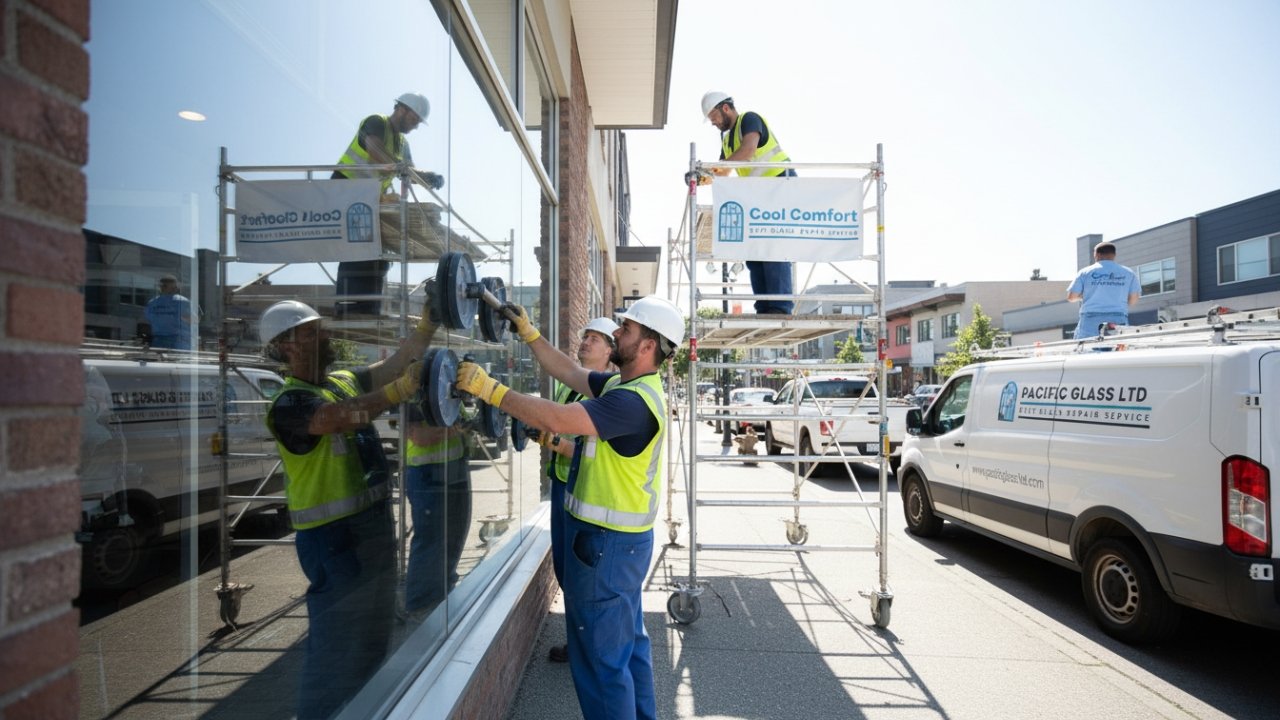 Team installing office glass partitions in Burnaby