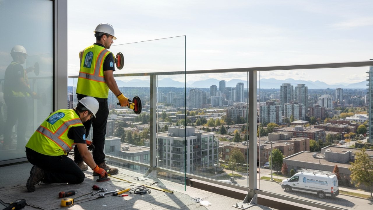 Technician installing balcony frameless glass railing in Burnaby
