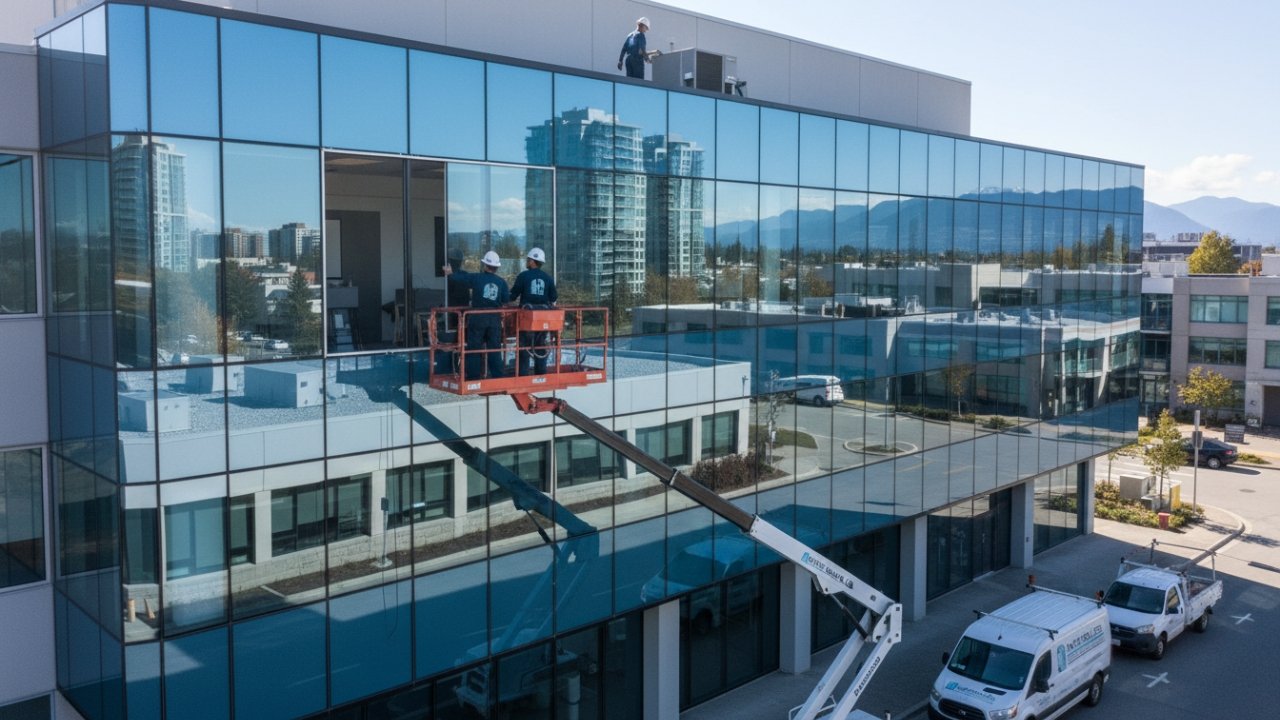 Technician installing energy-efficient commercial glass in a Surrey office building