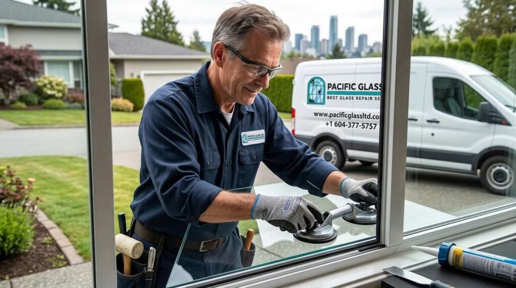 Technician performing patio door glass repair Burnaby – expert installation of safety glass by Pacific Glass Ltd team